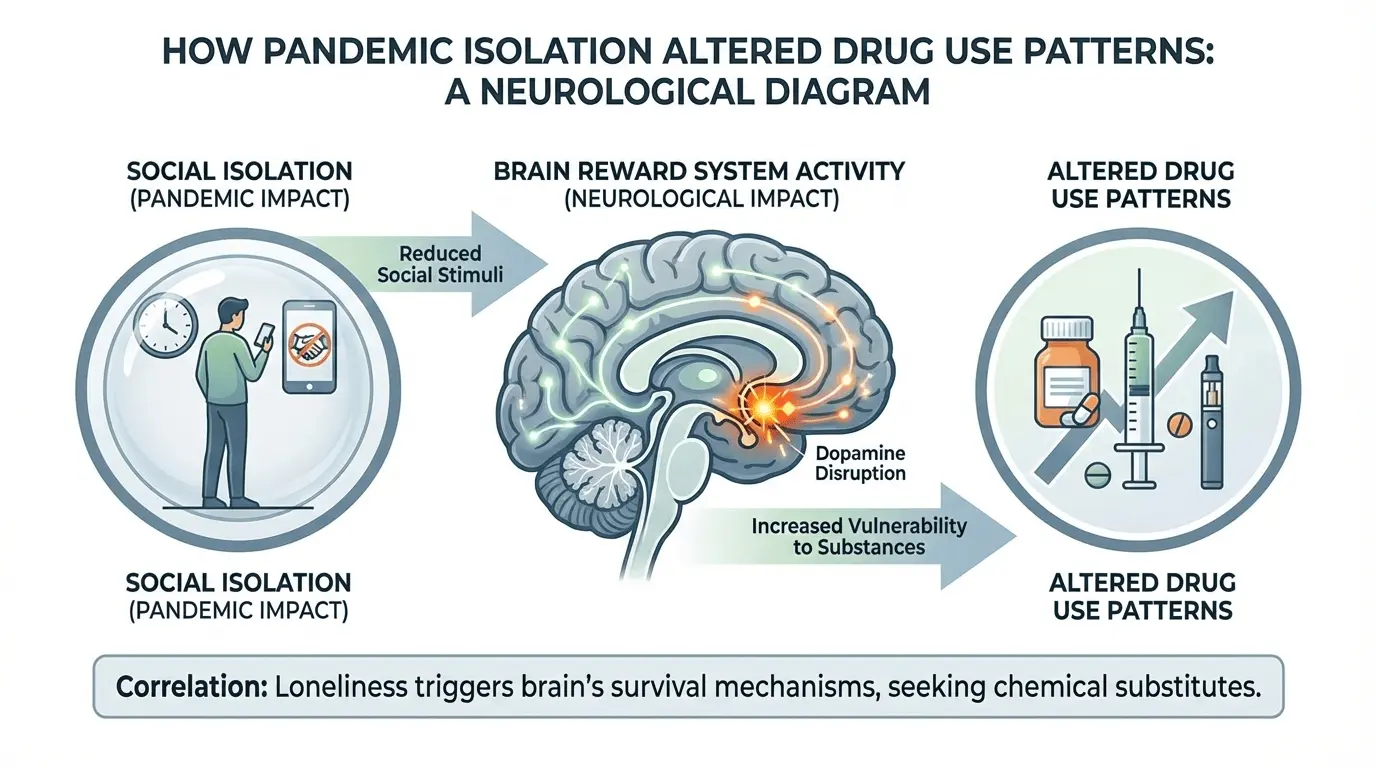 Diagram illustrating how the pandemic changed drug use patterns through neurological impact.